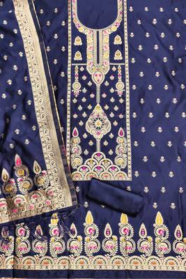navy blue zari woven banarasi dress materials 2