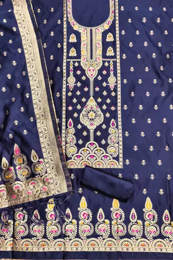navy blue zari woven banarasi dress materials