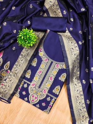 navy blue zari woven banarasi dress materials 3