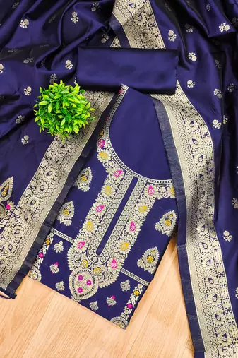 navy blue zari woven banarasi dress materials