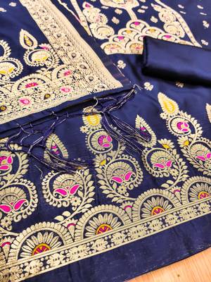 navy blue zari woven banarasi dress materials 4