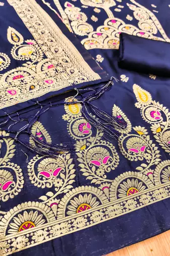 navy blue zari woven banarasi dress materials