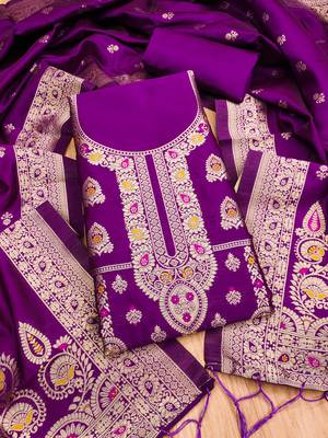 purple zari woven banarasi dress materials 1