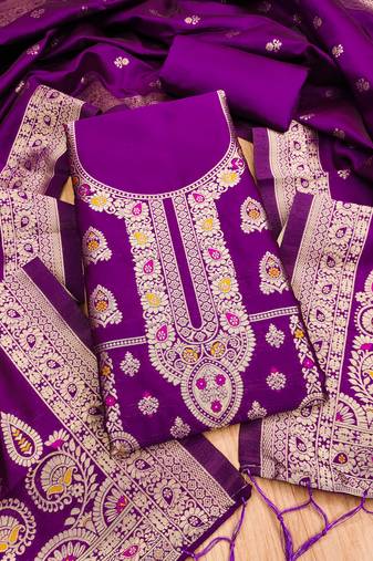 purple zari woven banarasi dress materials