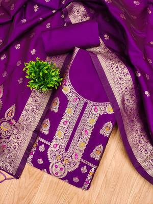 purple zari woven banarasi dress materials 3