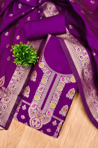 purple zari woven banarasi dress materials