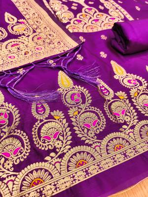 purple zari woven banarasi dress materials 4