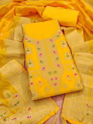 yellow zari woven banarasi dress materials 1