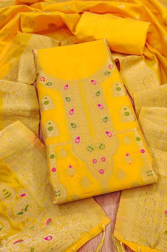 yellow zari woven banarasi dress materials