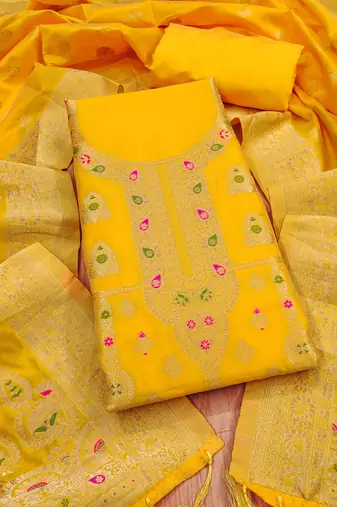 yellow zari woven banarasi dress materials
