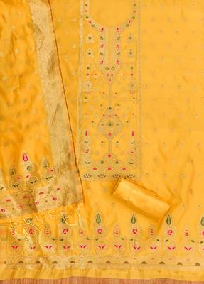 yellow zari woven banarasi dress materials 2