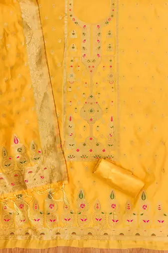 yellow zari woven banarasi dress materials