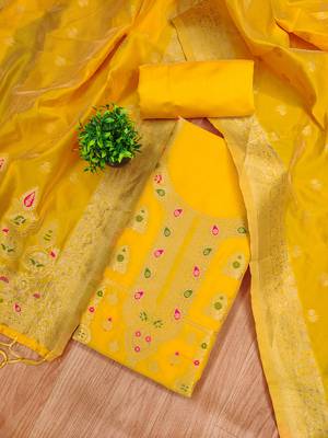 yellow zari woven banarasi dress materials 3