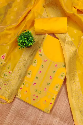 yellow zari woven banarasi dress materials