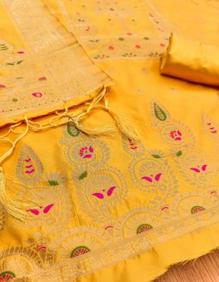 yellow zari woven banarasi dress materials 4