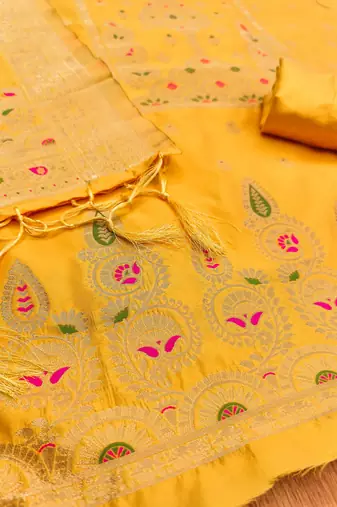 yellow zari woven banarasi dress materials