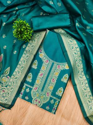 teal zari woven banarasi dress materials 3