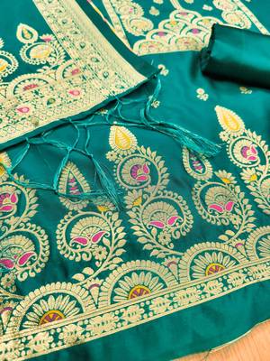 teal zari woven banarasi dress materials 4