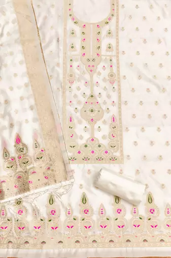 white zari woven banarasi dress materials