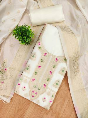 white zari woven banarasi dress materials 3