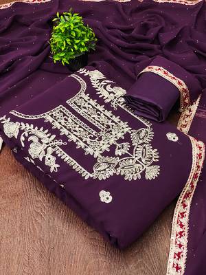 women's purple georgette salwar suit dress material with golden thread embroidery 2