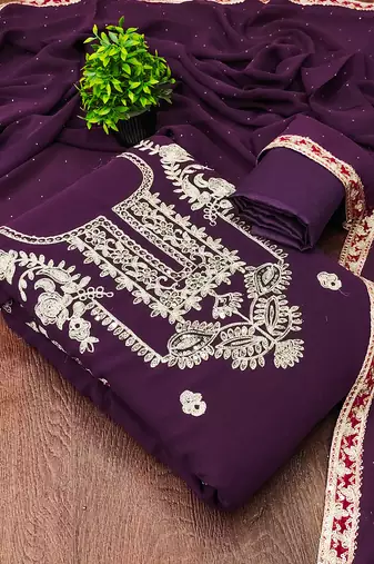 women's purple georgette salwar suit dress material with golden thread embroidery