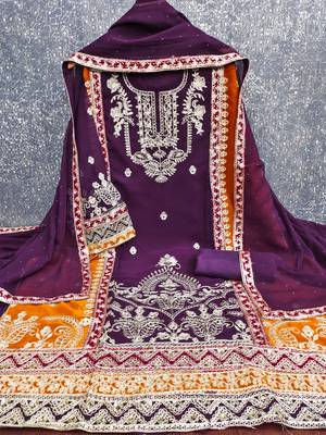 women's purple georgette salwar suit dress material with golden thread embroidery 3