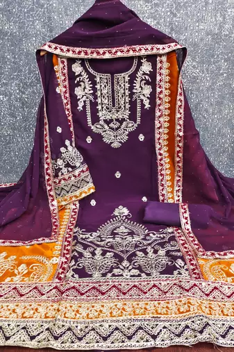 women's purple georgette salwar suit dress material with golden thread embroidery