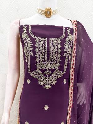 women's purple georgette salwar suit dress material with golden thread embroidery 4