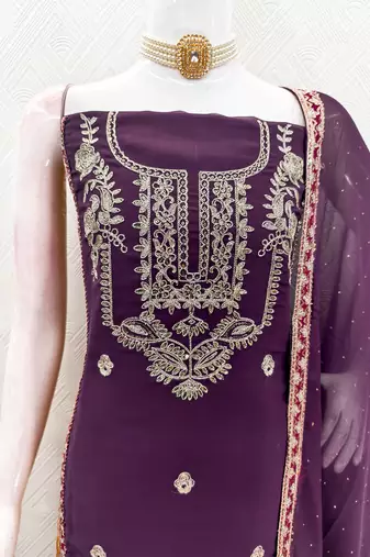 women's purple georgette salwar suit dress material with golden thread embroidery