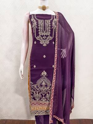 women's purple georgette salwar suit dress material with golden thread embroidery 5