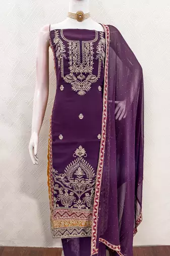 women's purple georgette salwar suit dress material with golden thread embroidery