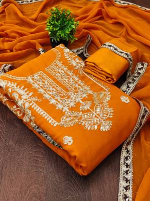 women's orange georgette salwar suit dress material with golden thread embroidery 2