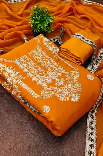 women's orange georgette salwar suit dress material with golden thread embroidery