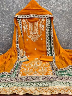 women's orange georgette salwar suit dress material with golden thread embroidery 3