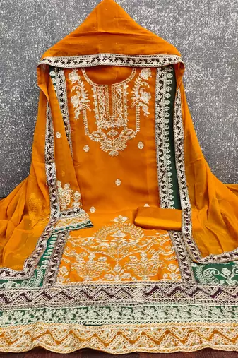 women's orange georgette salwar suit dress material with golden thread embroidery