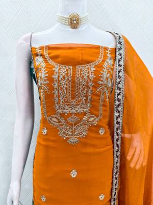 women's orange georgette salwar suit dress material with golden thread embroidery 4