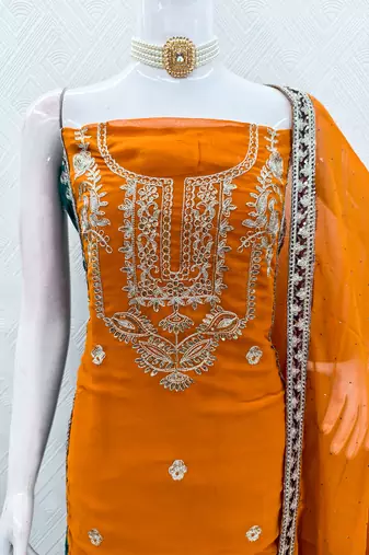 women's orange georgette salwar suit dress material with golden thread embroidery