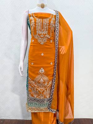 women's orange georgette salwar suit dress material with golden thread embroidery 5