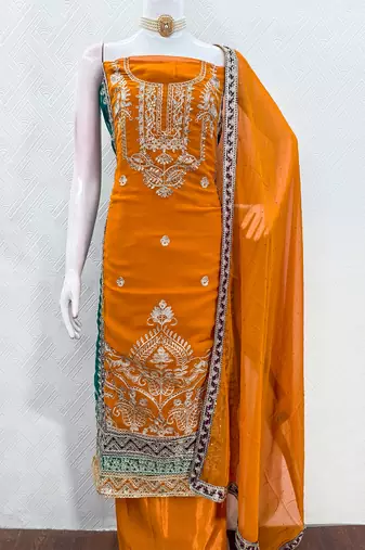 women's orange georgette salwar suit dress material with golden thread embroidery