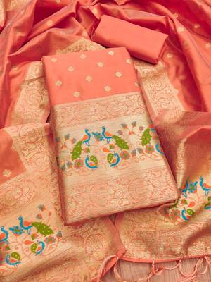 orange zari woven banarasi dress materials 1