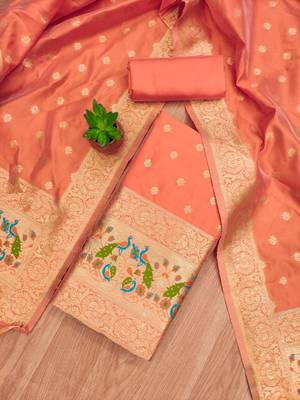 orange zari woven banarasi dress materials 2