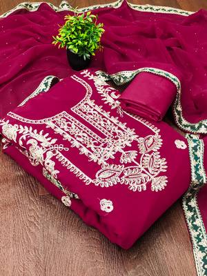 women's rani pink georgette salwar suit dress material with golden thread embroidery 2