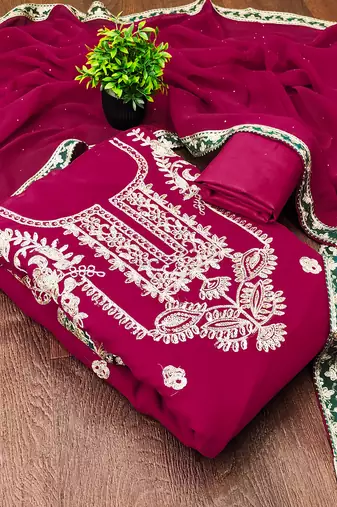 women's rani pink georgette salwar suit dress material with golden thread embroidery