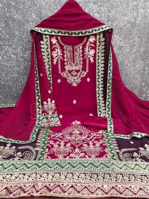 women's rani pink georgette salwar suit dress material with golden thread embroidery 3