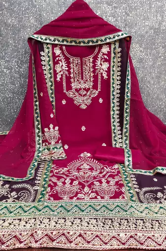 women's rani pink georgette salwar suit dress material with golden thread embroidery