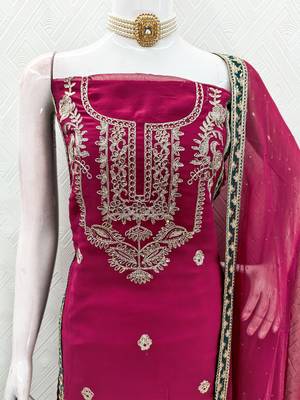 women's rani pink georgette salwar suit dress material with golden thread embroidery 4