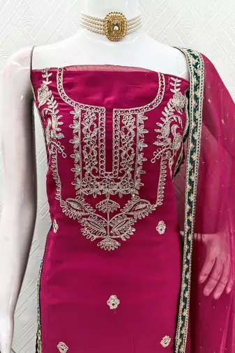 women's rani pink georgette salwar suit dress material with golden thread embroidery