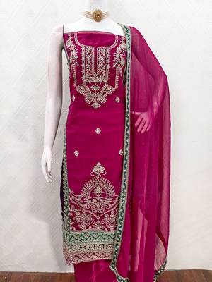 women's rani pink georgette salwar suit dress material with golden thread embroidery 5