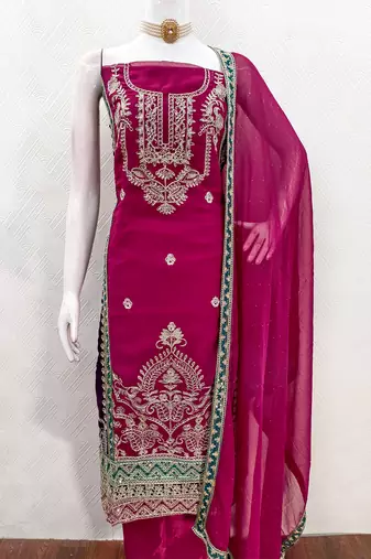 women's rani pink georgette salwar suit dress material with golden thread embroidery